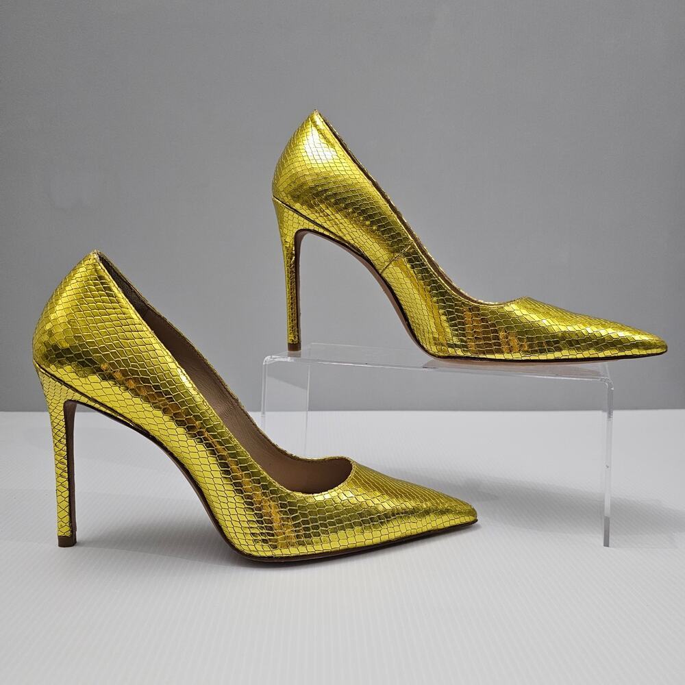 Stuart Weitzman Metallic Yellow Snakeskin Pointed-Toe Pumps - Picture 3 of 16